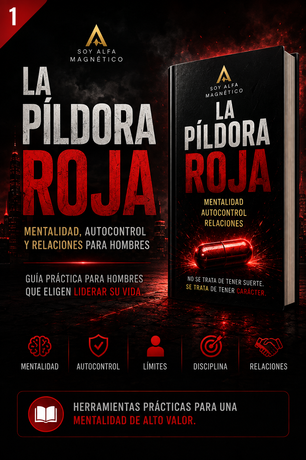 Portada de La Píldora Roja de Soy Alfa Magnético, ebook sobre mentalidad, autocontrol y relaciones para hombres.