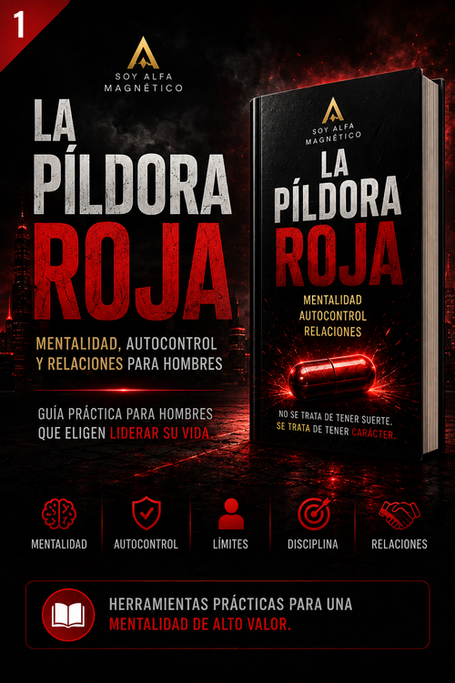 Portada de La Píldora Roja de Soy Alfa Magnético, ebook sobre mentalidad, autocontrol y relaciones para hombres.