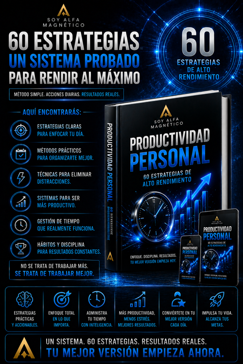 Portada de Productividad Personal de Soy Alfa Magnético, guía digital con 60 estrategias prácticas de alto rendimiento.