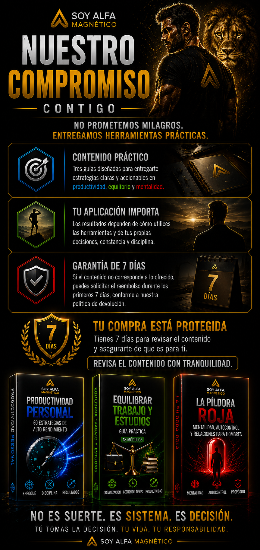 Compromiso de Soy Alfa Magnético con herramientas prácticas, responsabilidad personal y garantía de 7 días para Sistema Alfa™.