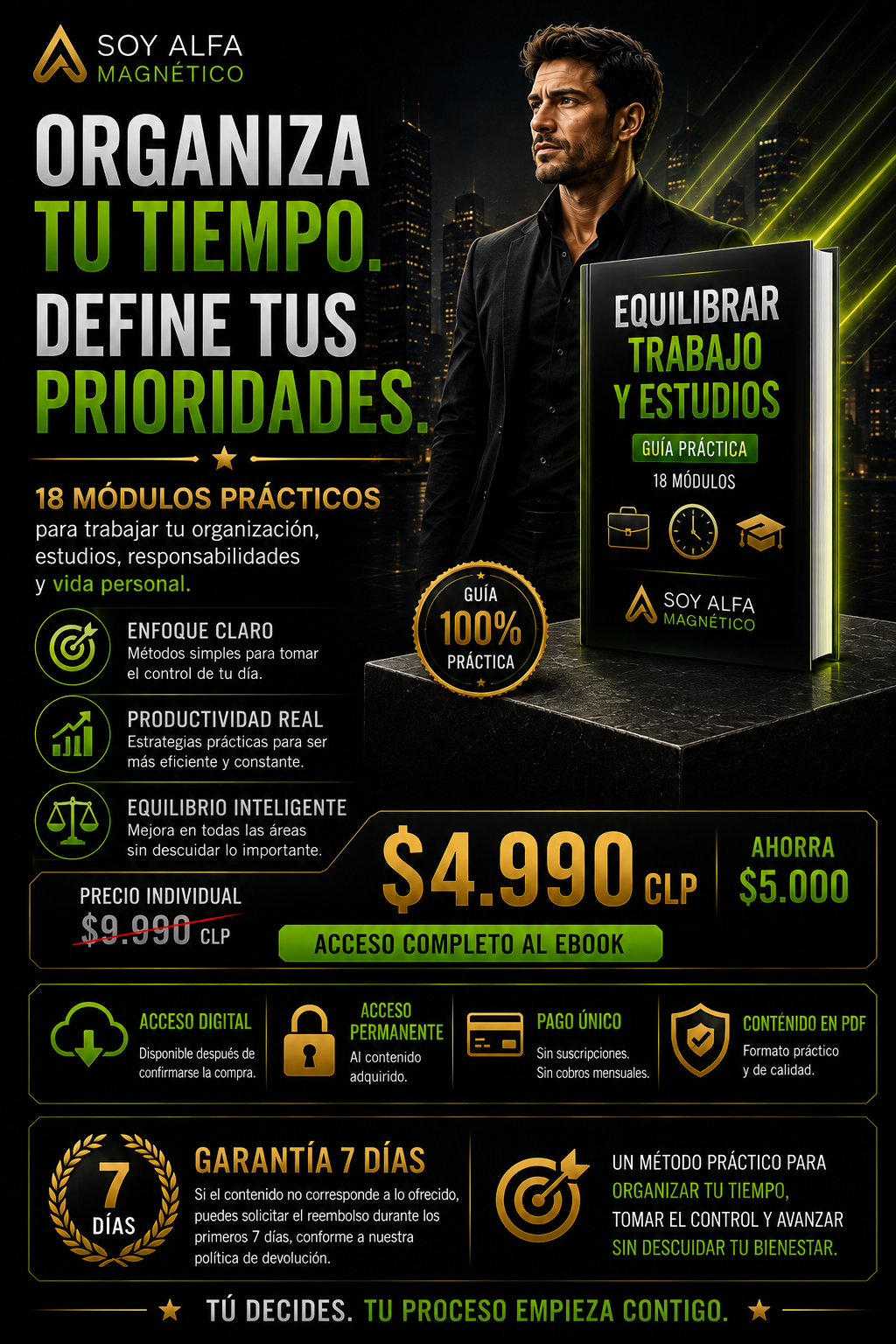 Organiza tu tiempo y define tus prioridades con Equilibrar Trabajo y Estudios de Soy Alfa Magnético, guía práctica de 18 módulos